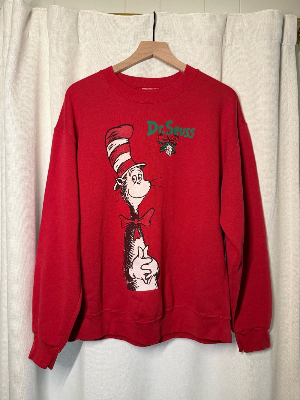 Dr. Seuss Red Crewneck Sweater with Cat in the Hat Graphic